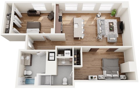 Floor plan for 2 beds, 2 baths, 990 sqft